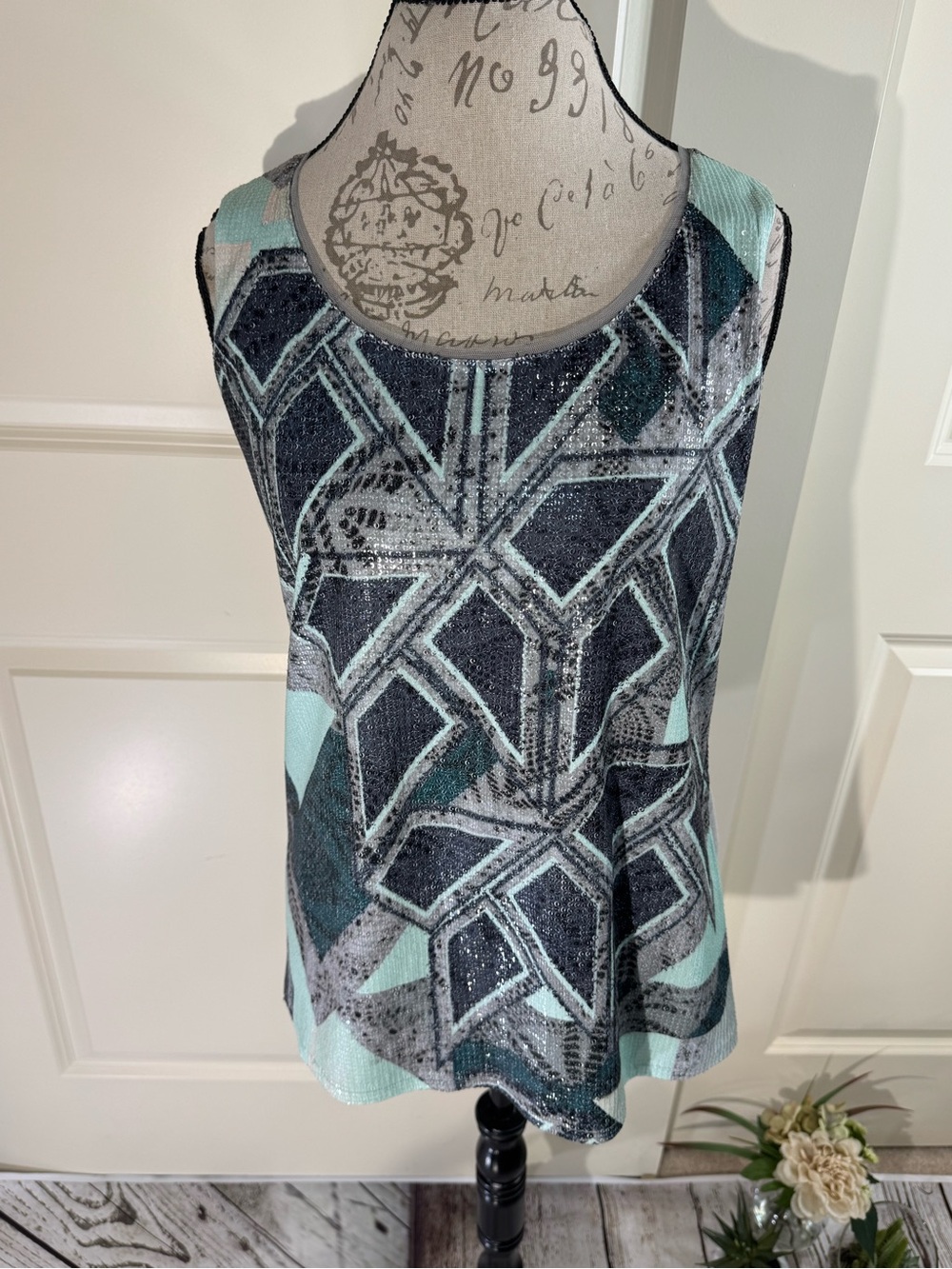 Coldwater Creek Sequin Geometric Tank Top Green Gray Size M(10-12)